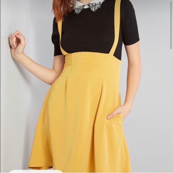 Modcloth Mustard Yellow Suspender Skirt Dress – Retro Inspired Fit & Flare Large - Picture 6 of 10